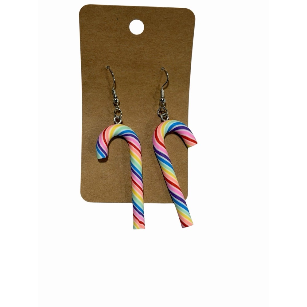 Rainbow Candy Cane Dangle Earrings Multi Color Christmas Holiday Drop Jewelry